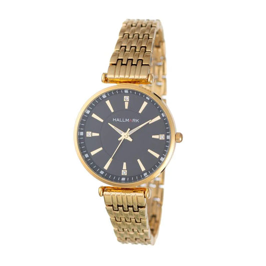 Hallmark Ladies Round Case Black Dial Gold Plated Bracelet