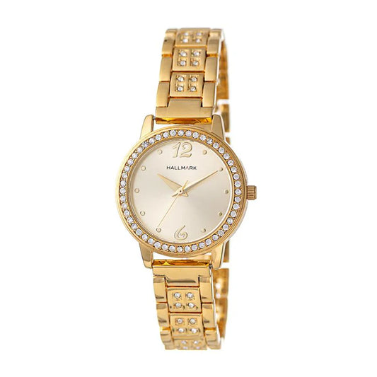 Hallmark Ladies Round Case Champagne Dial Gold Plated Bracelet With Stones