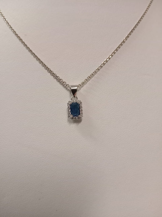 Silver Blue & White Cubic Zirconia Rectangle Cluster Pendant