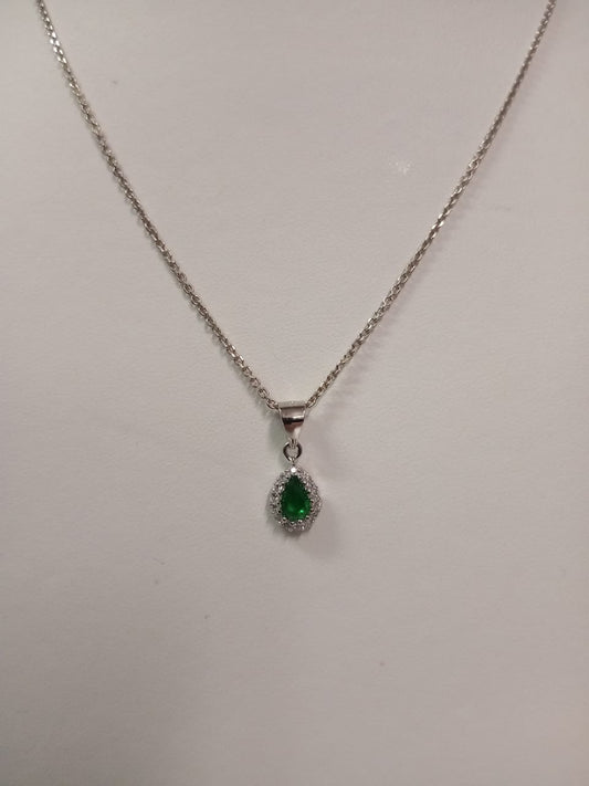 Silver Green & White Cubic Zirconia Pear Shape Cluster Pendant