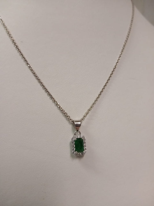 Silver Green & White Cubic Zirconia Rectangle Cluster Pendant