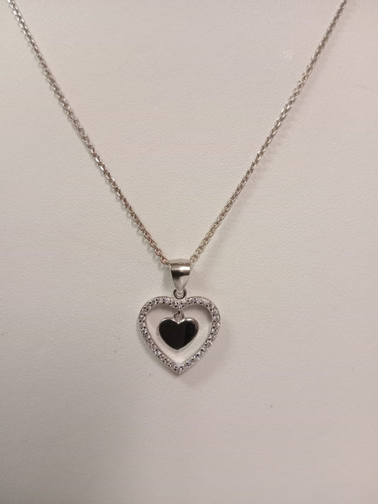 Silver Open Design Cubic Zirconia Heart Pendant With Plain Heart Disc