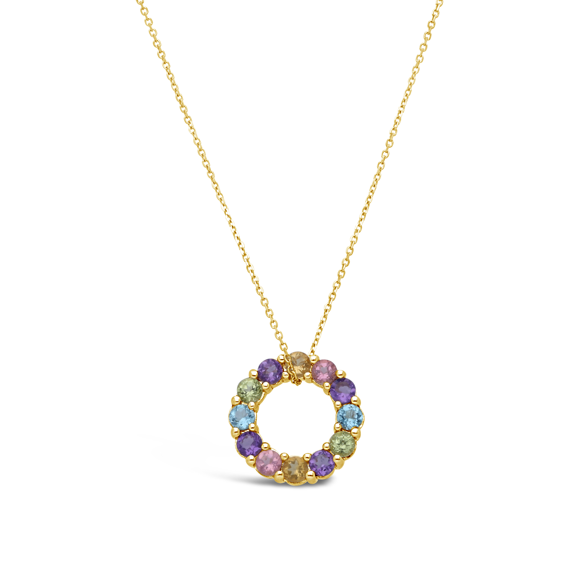 9ct Gold Multi Coloured Semi Precious Circle Pendant on Free Chain