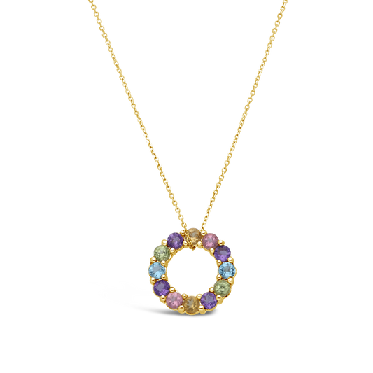 9ct Gold Multi Coloured Semi Precious Circle Pendant on Free Chain