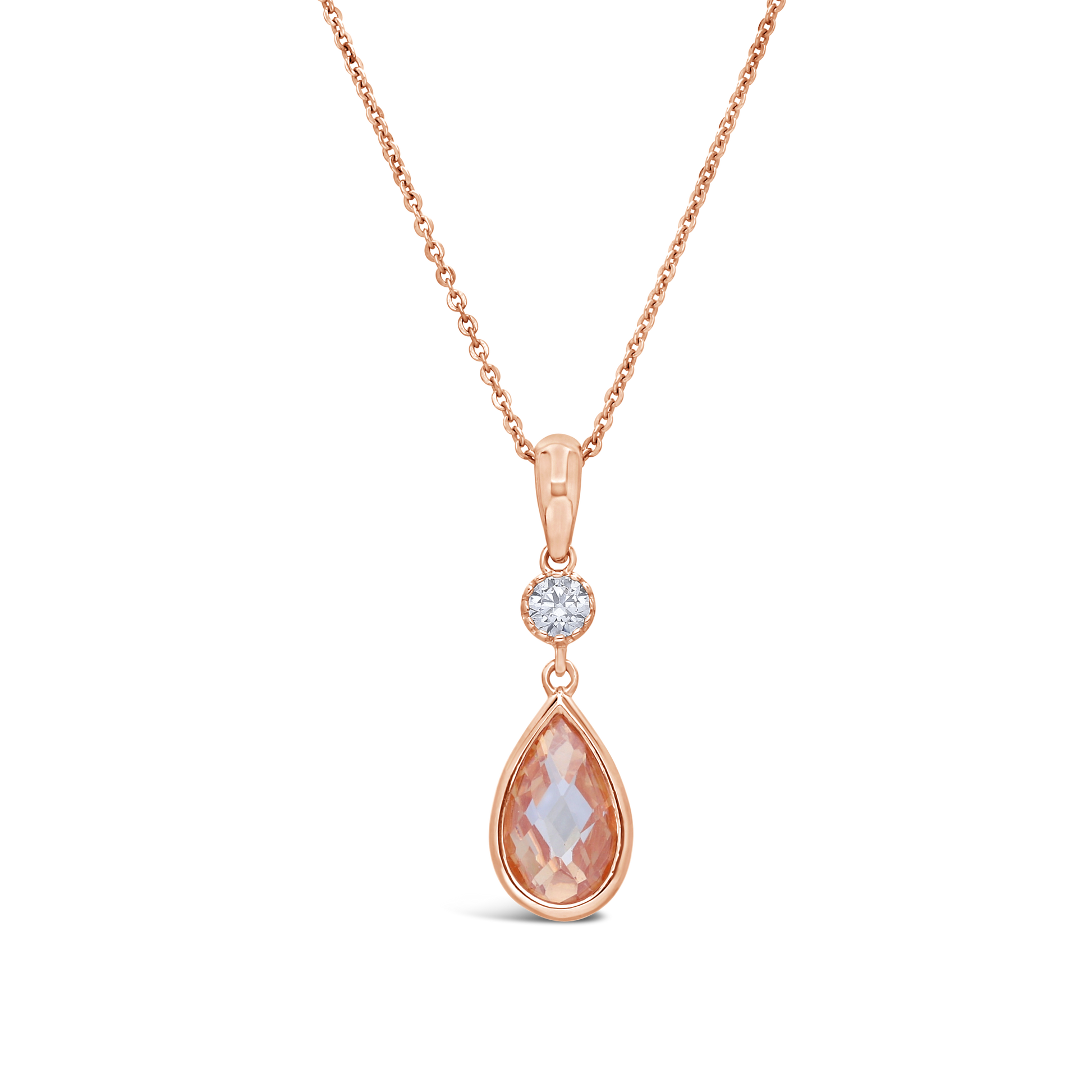 Silver Rose Gold Plated White & Teardrop Morganite Cubic Zirconia Drop Pendant