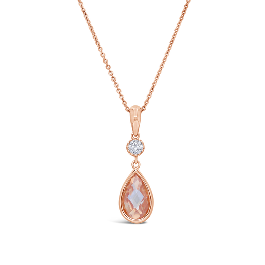 Silver Rose Gold Plated White & Teardrop Morganite Cubic Zirconia Drop Pendant