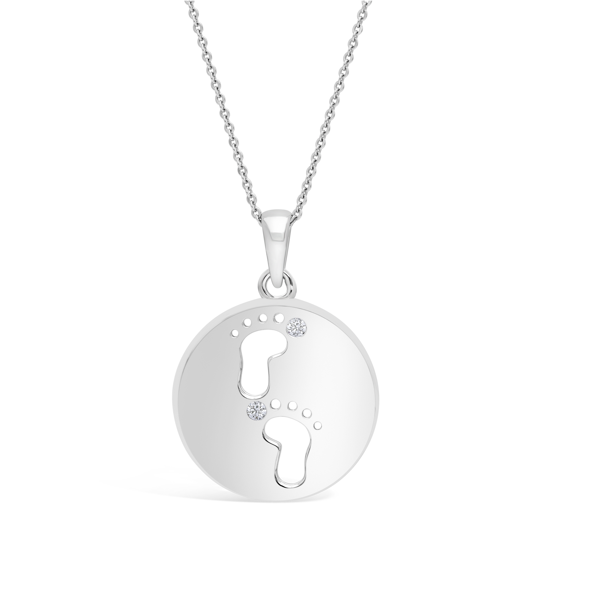 Silver Round Flat Pendant With Cut Out Cubic Zirconia FootPrint