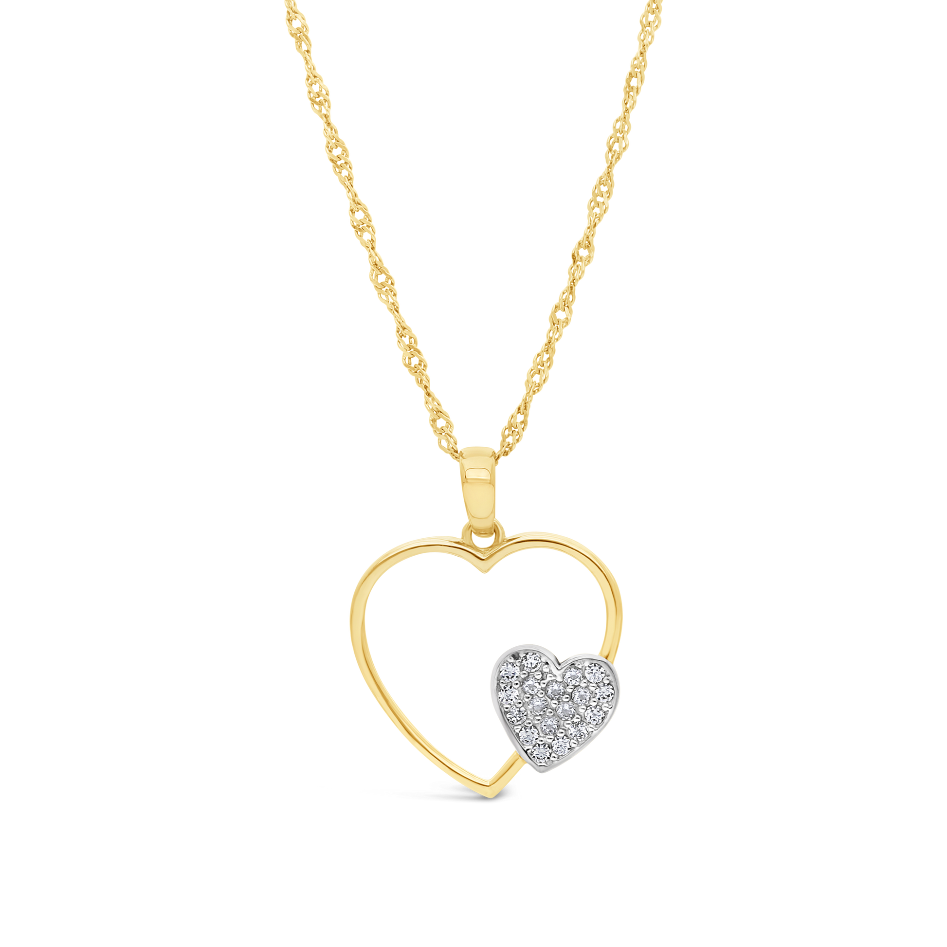 9ct Gold Open Heart & Small Flat Pave Cubic Zirconia Heart Pendant