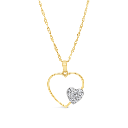 9ct Gold Open Heart & Small Flat Pave Cubic Zirconia Heart Pendant