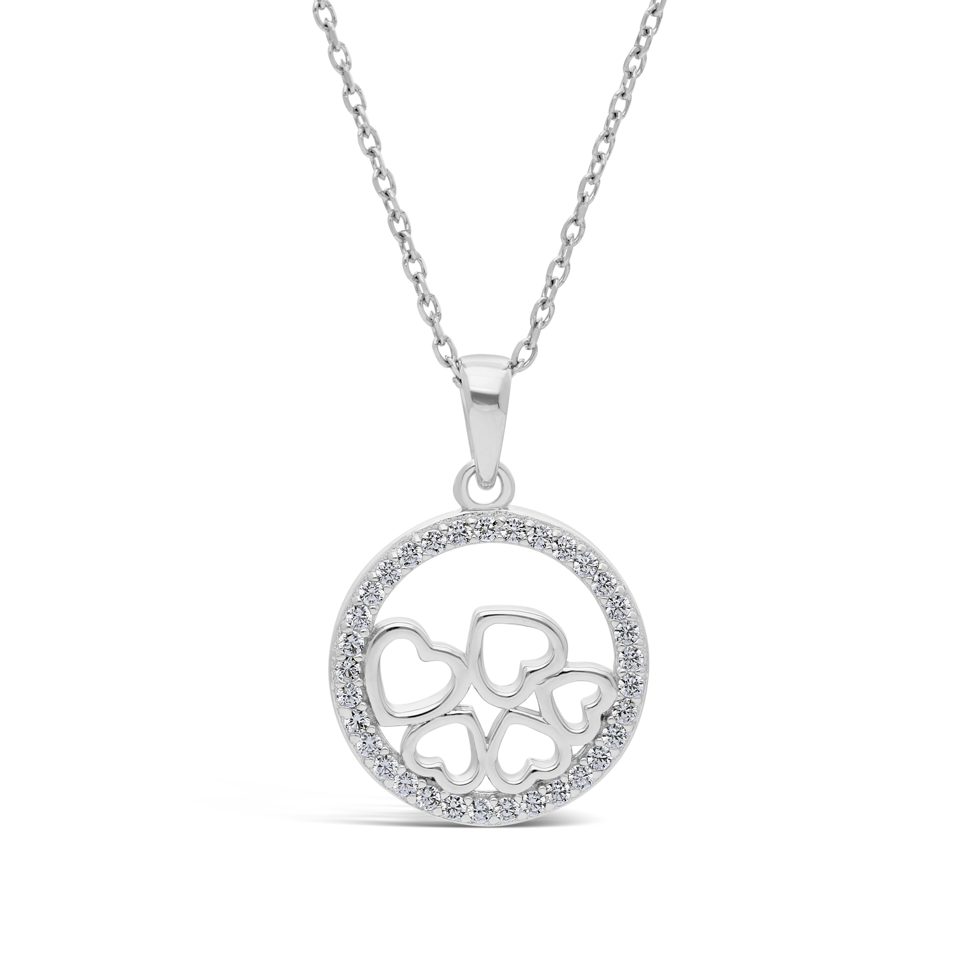 Silver Cubic Zirconia Circle Pendant With Multiple Open Centre Hearts