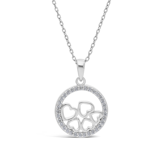 Silver Cubic Zirconia Circle Pendant With Multiple Open Centre Hearts