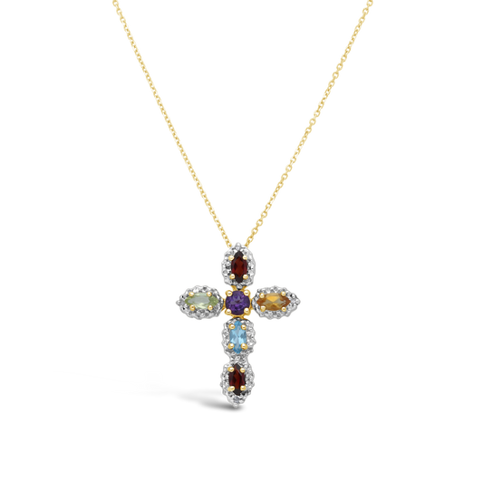 9ct Gold Diamond & Semi Precious Multi Colour Stone Cross Pendant