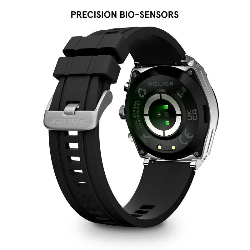 Police Gents Smart Watch Stainless Steel Case Black LED Screen Black Strap