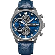 Police Gents Chrono Blue Leather IP Gun Case Round Blue Dial