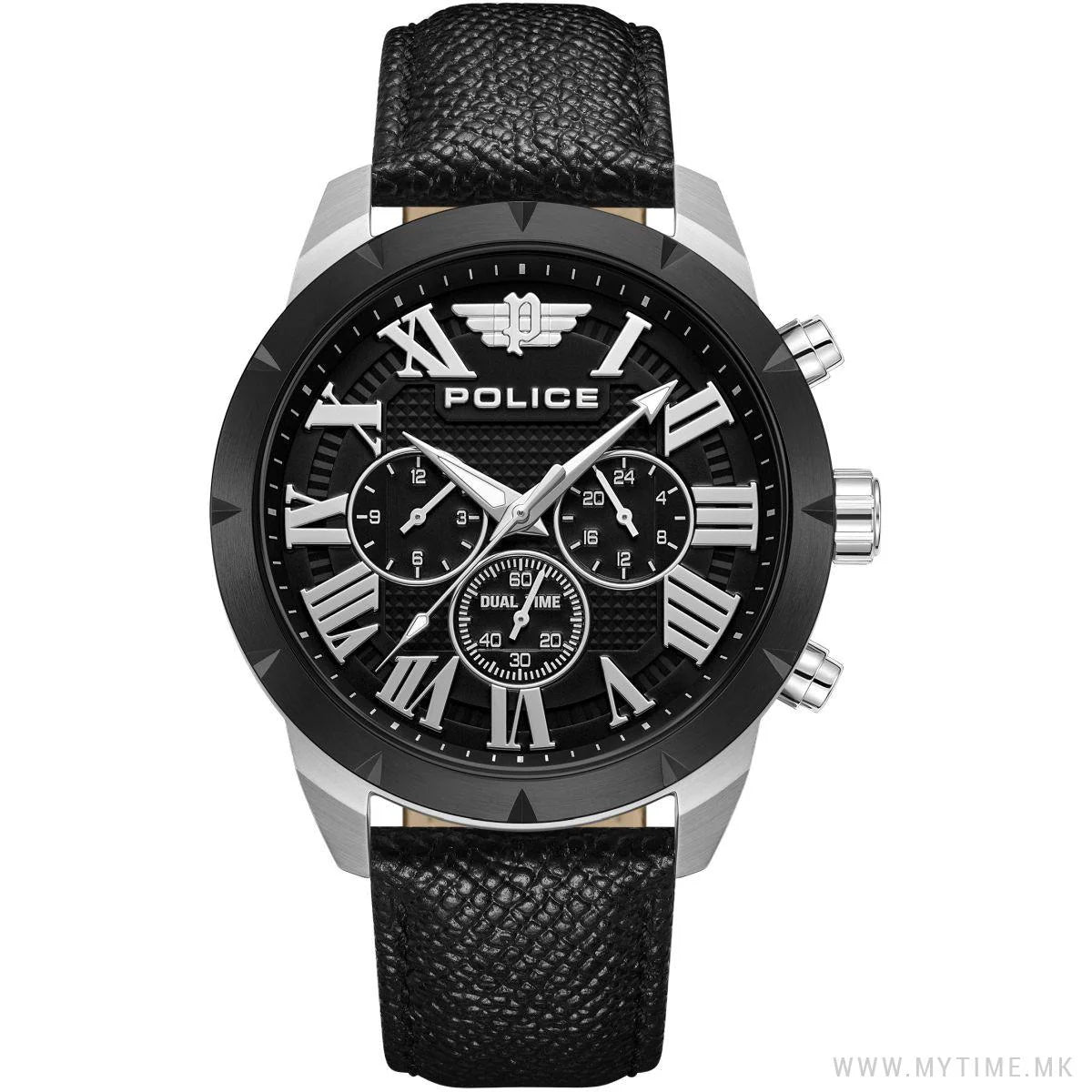 Police Gents Chrono Black Leather Stainless Steel Case Round Black Dial