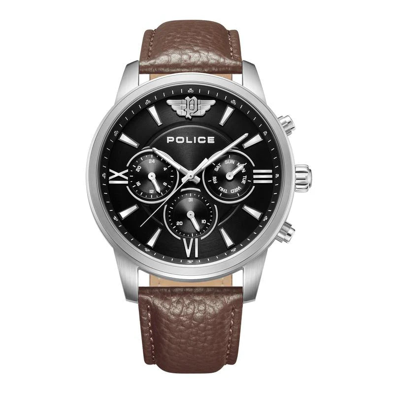 Police Gents Chrono Brown Leather Strap Round Black Dial