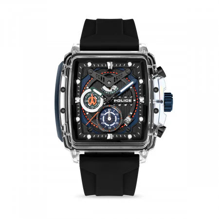 Police Gents Chrono Black Silicon Strap Clear Case Rectangle Black Dial