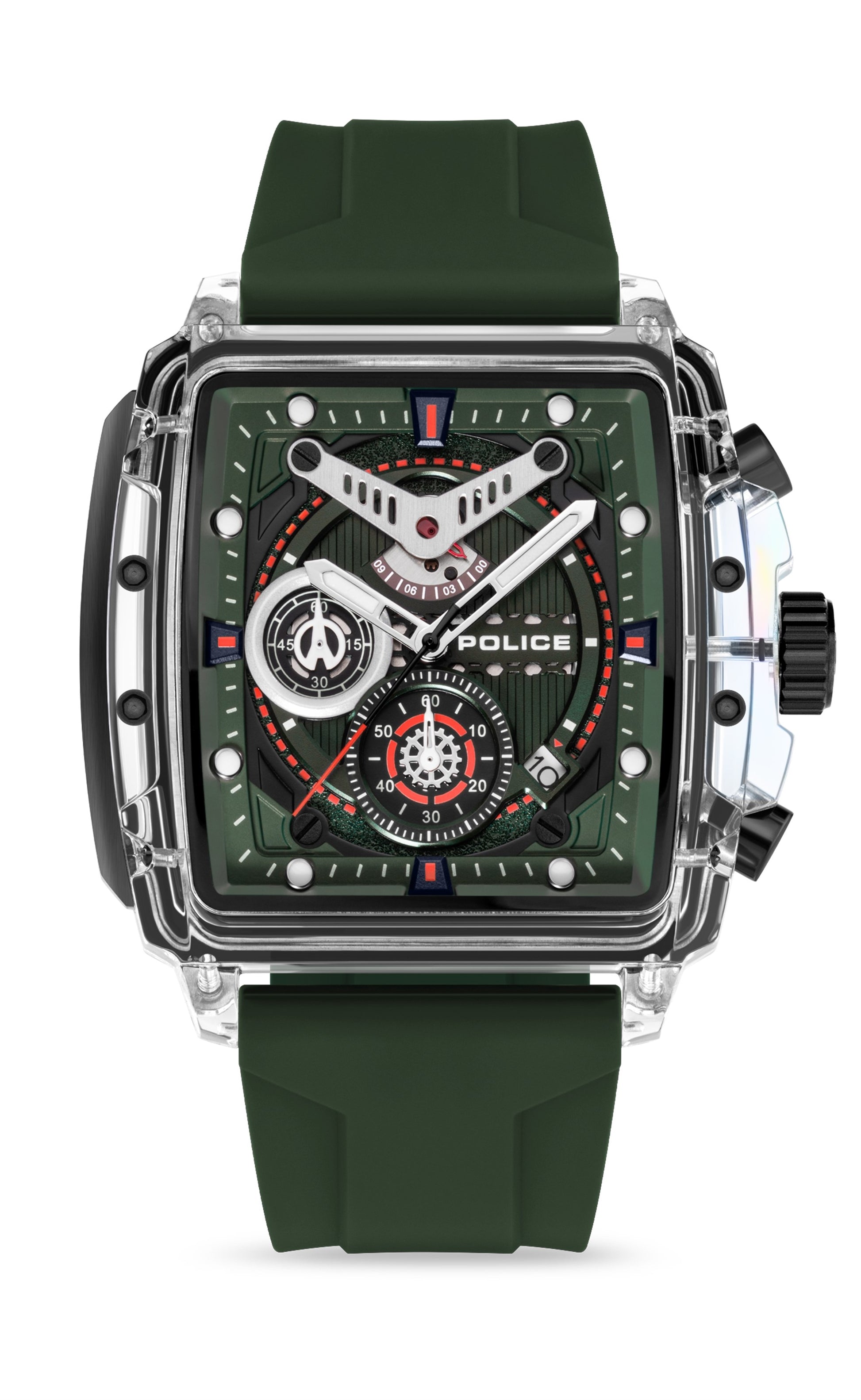 Police Gents Chrono Green Silicon Strap Clear Case Rectangle Green Dial