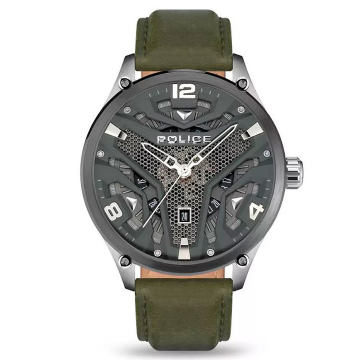 Police Gents Green Leather Strap Round Grey Dial & Date