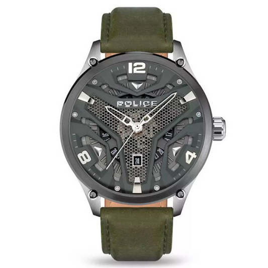 Police Gents Green Leather Strap Round Grey Dial & Date