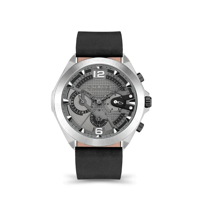 Police Gents Chrono Black Leather Strap Stainless Steel Case Round Grey Dial