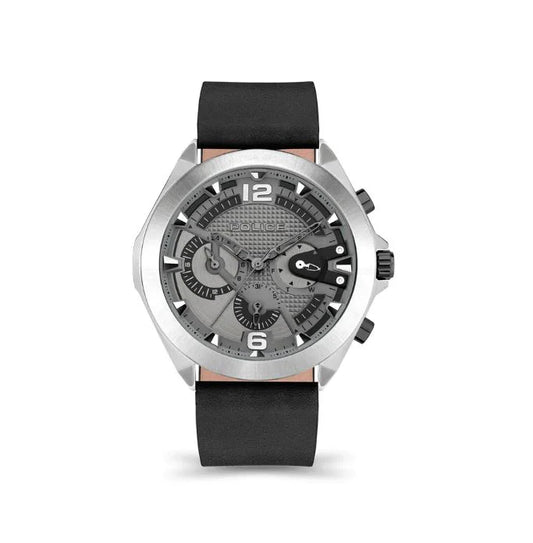 Police Gents Chrono Black Leather Strap Stainless Steel Case Round Grey Dial