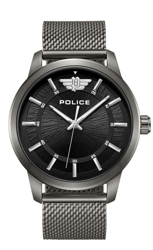 Police Gents IP Gun Metal Case IP Mesh Bracelet Round Black Dial