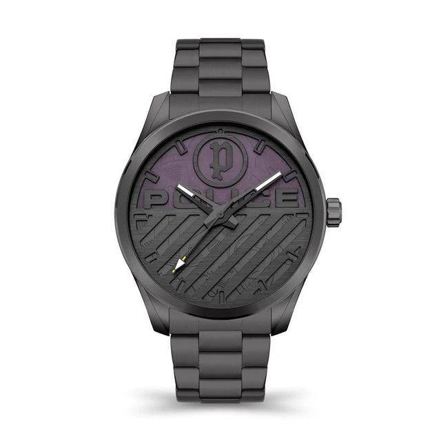Police Gents Gun Metal Bracelet Round Black & Purple Dial
