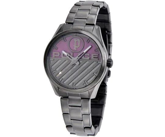 Police Gents Gun Metal Bracelet Round Black & Purple Dial