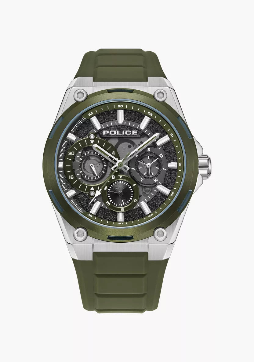 Police Gents Chrono Olive Green Silicon Strap Stainless Steel Case  Green/Black Dial