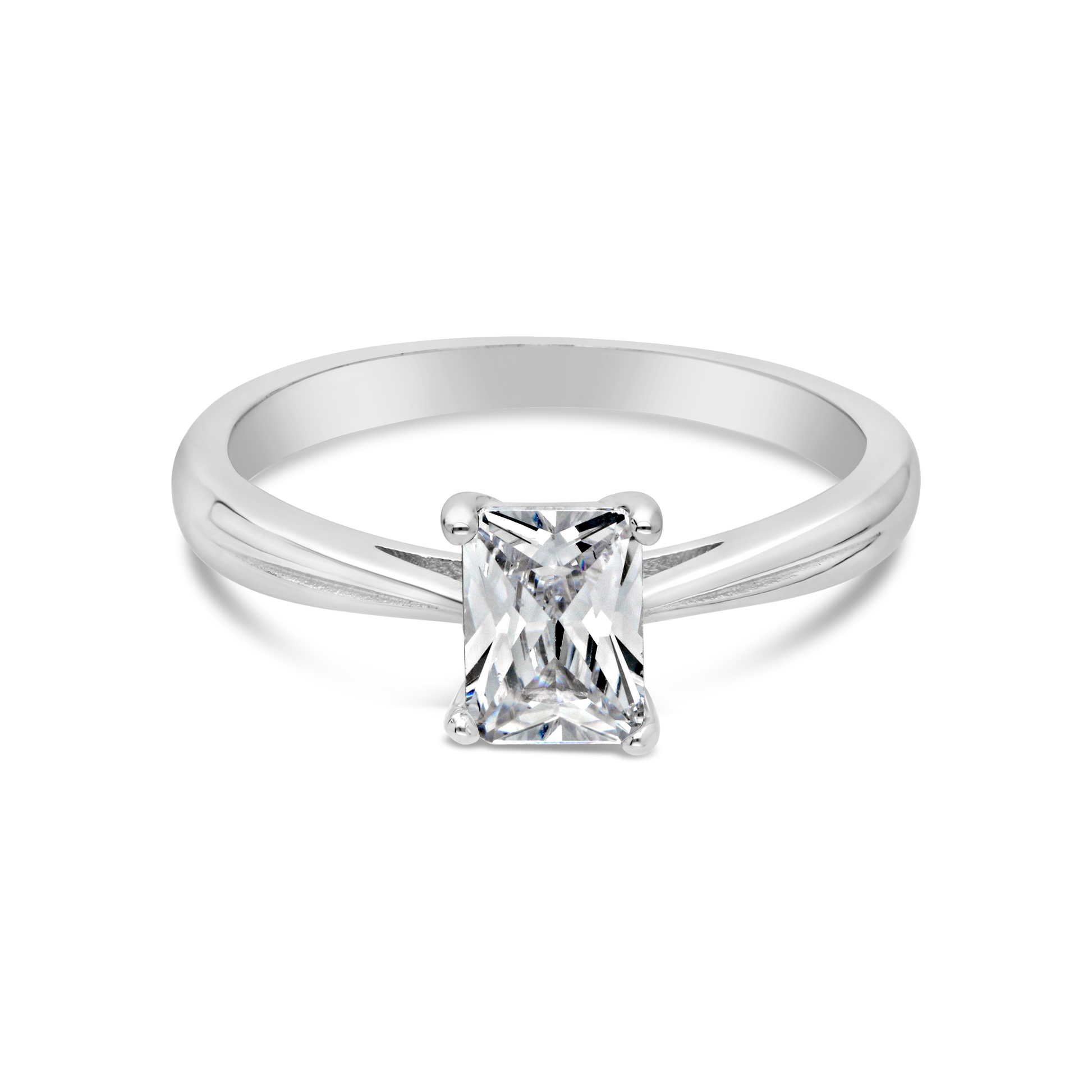 Silver Four Claw Emerald Cut Solitaire Cubic Zirconia Ring