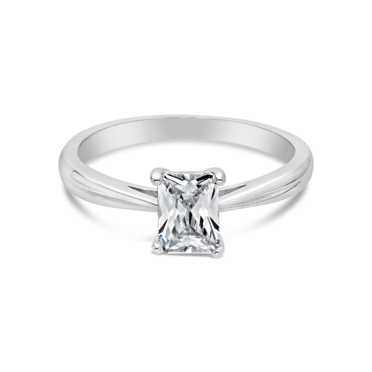 Silver Four Claw Emerald Cut Solitaire Cubic Zirconia Ring