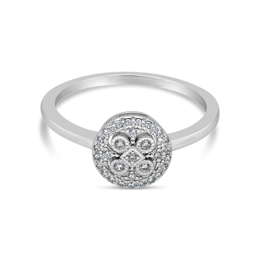 Silver Small Cubic Zirconia Cut Out Flower & Pave Set Dress Ring