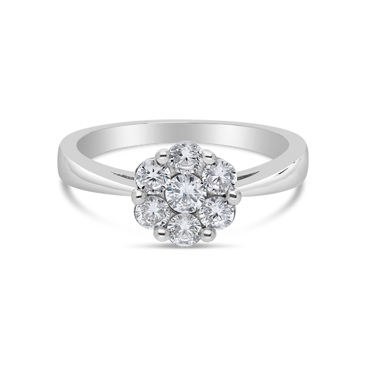 Silver 7 Stone Round Cubic Zirconia Medium Flower Cluster Ring