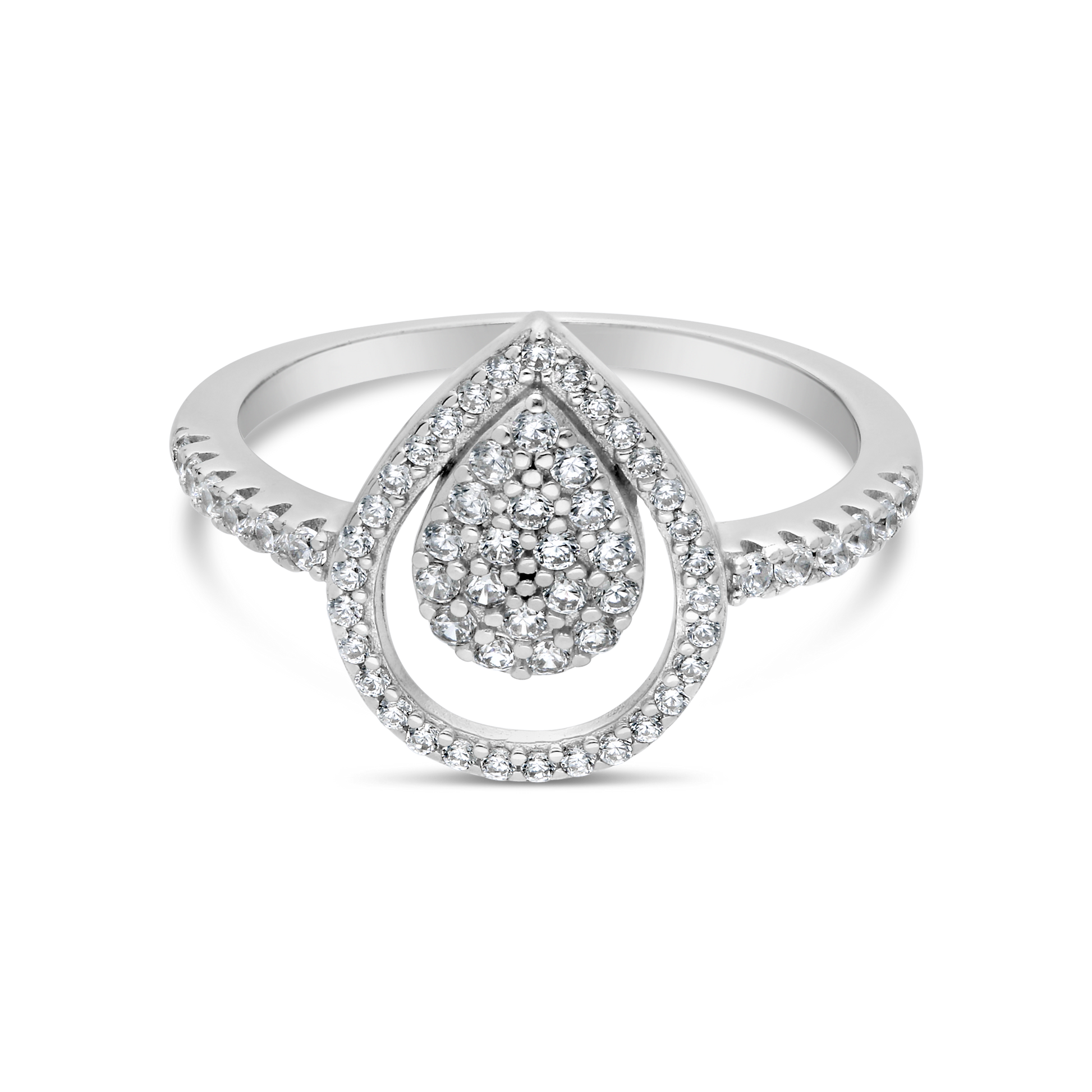 Silver Fancy Pave Cubic Zirconia Open Pear Cluster Ring