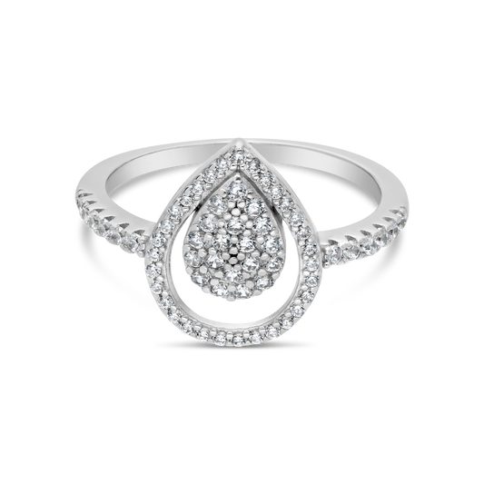 Silver Fancy Pave Cubic Zirconia Open Pear Cluster Ring