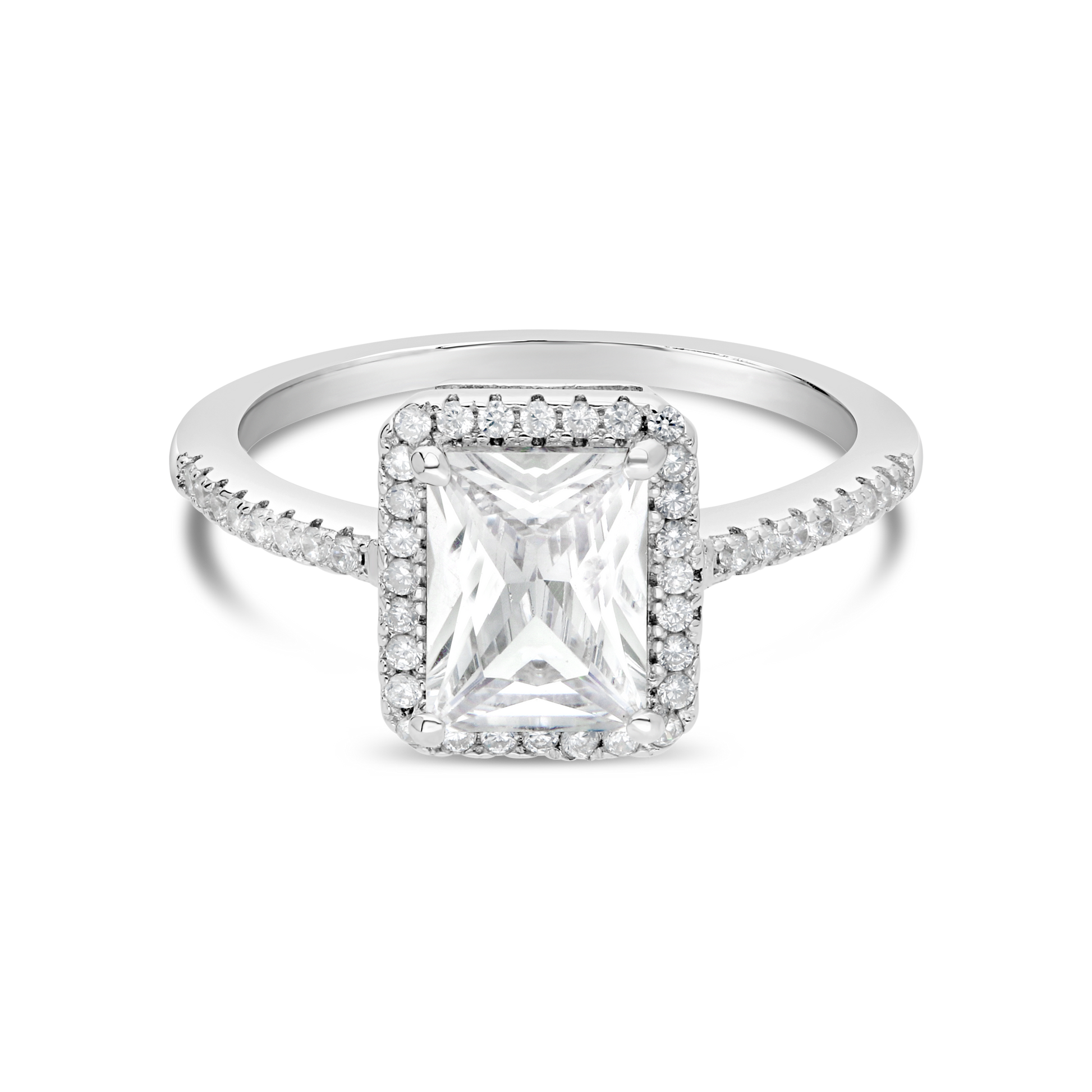 Silver Channel Round & Claw Emerald Cut Cubic Zirconia Cluster Ring