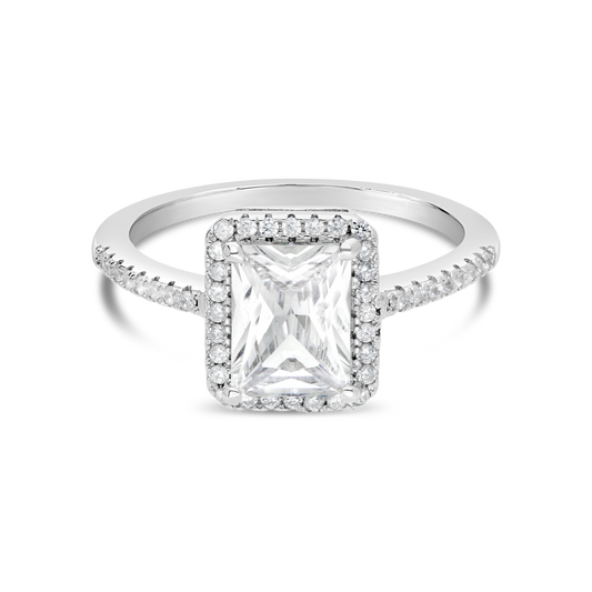 Silver Channel Round & Claw Emerald Cut Cubic Zirconia Cluster Ring