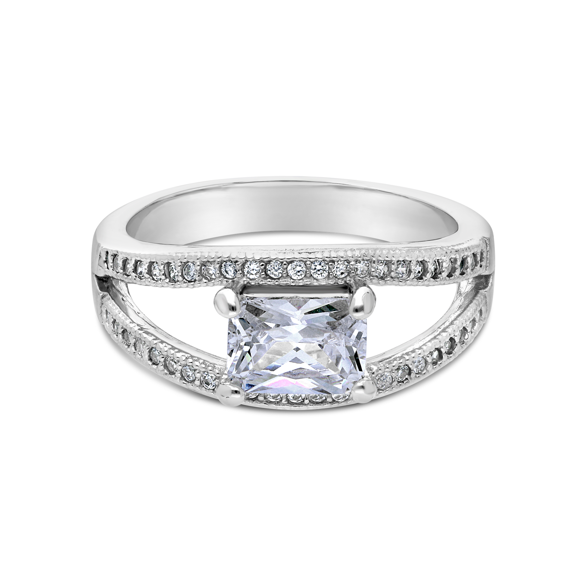 Silver Open Design Emerald Cut & Round Milgrain Cubic Zirconia Dress Ring