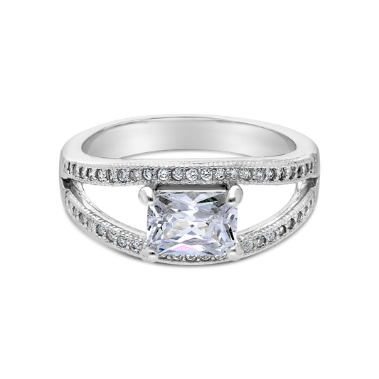 Silver Open Design Emerald Cut & Round Milgrain Cubic Zirconia Dress Ring