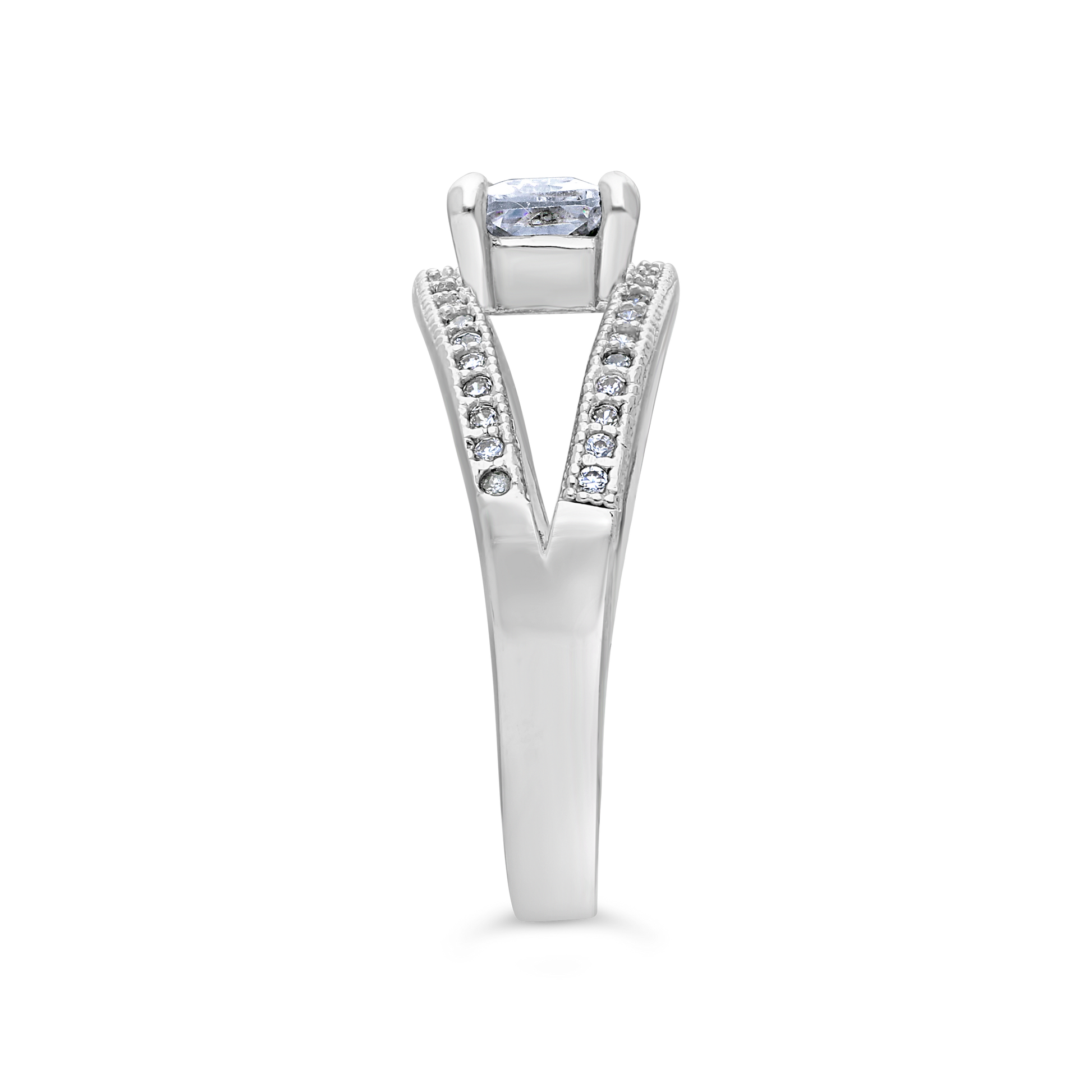 Silver Open Design Emerald Cut & Round Milgrain Cubic Zirconia Dress Ring