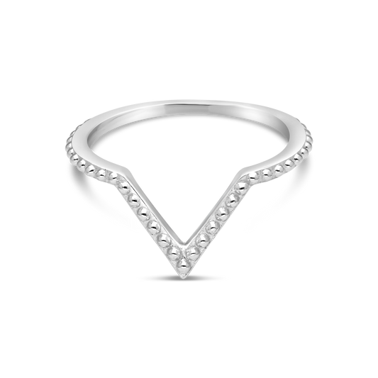 Silver Fancy Beaded Design Wishbone Ring