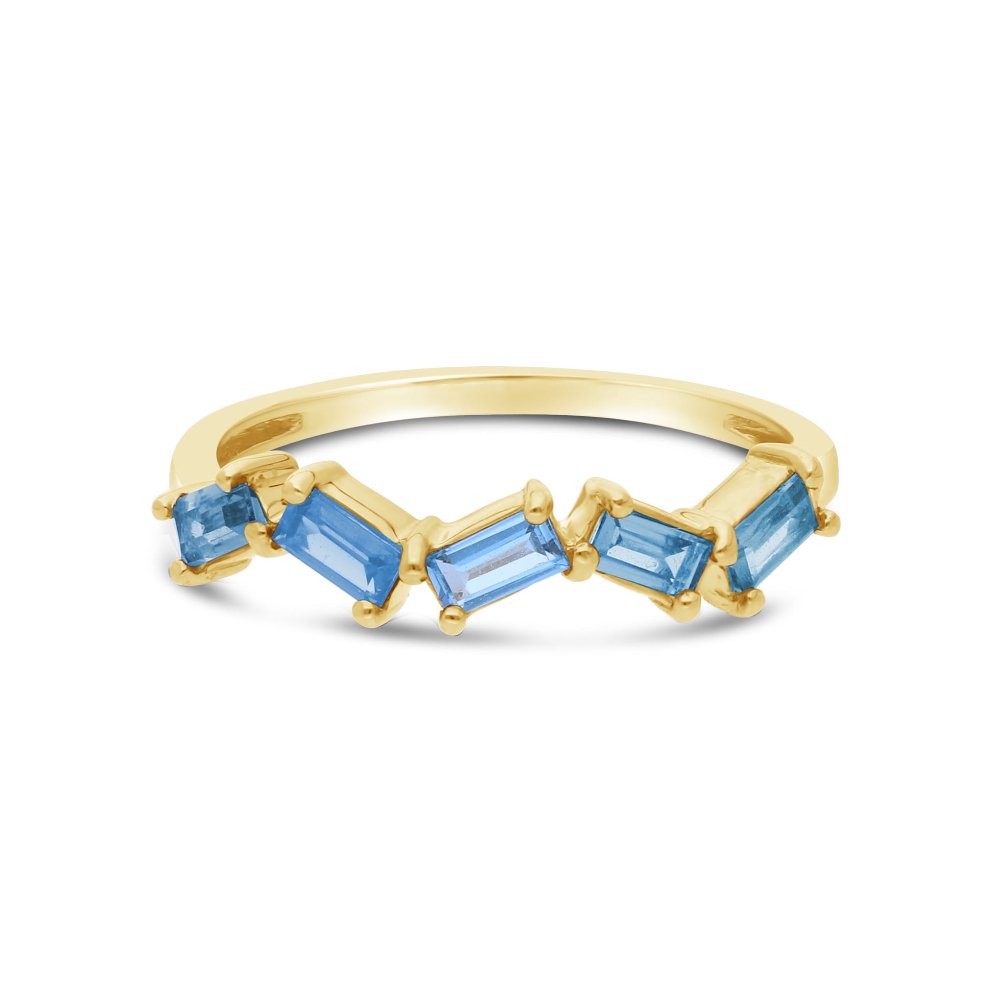 9ct Gold 5 Stone Baguette Shape Ombre Blue Topaz Dress Ring