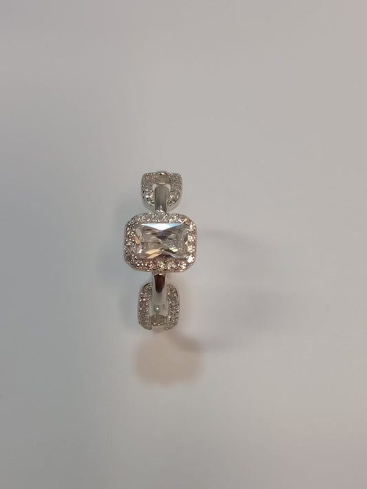 Silver 4 Claw Emerald Cut Cubic Zirconia Cluster Ring