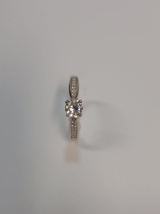 Silver 4 Claw Round Cubic Zirconia Solitaire Ring With Stones on Band