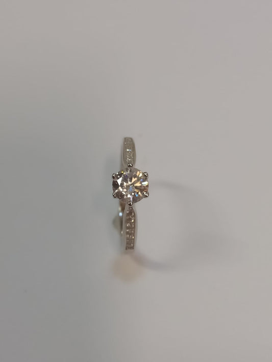 Silver 6 Claw Round Cubic Zirconia Solitaire Ring With Stones on Band