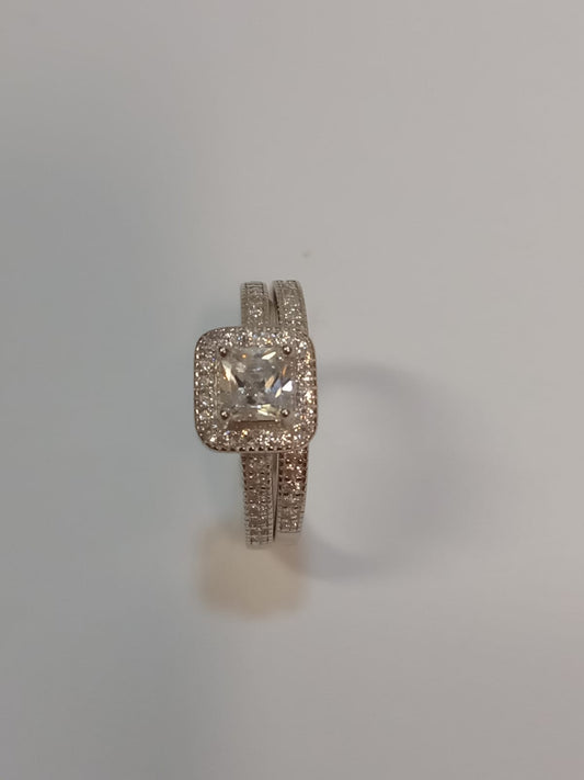 Silver 4 Claw Princess Cubic Zirconia Cluster Twin Set Ring