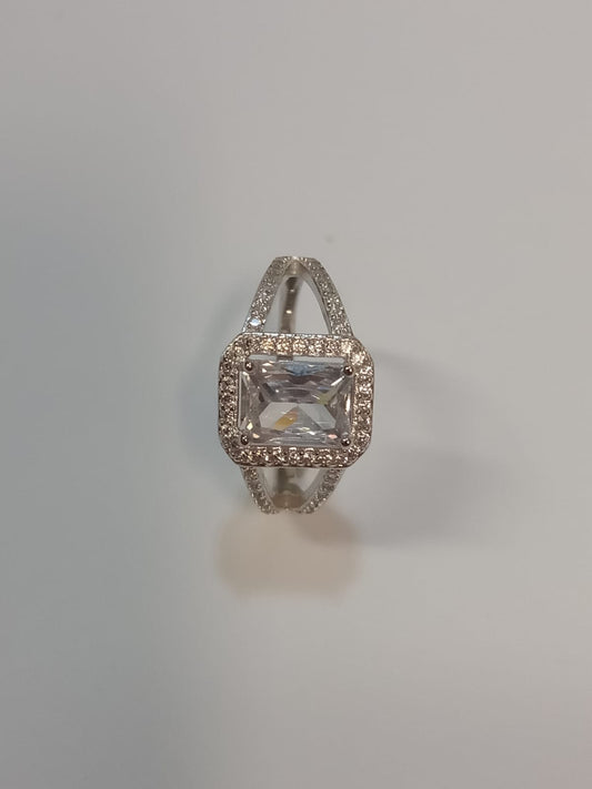 Silver Split Band Rectanglar Cubic Zirconia Cluster Ring With Stones on Band