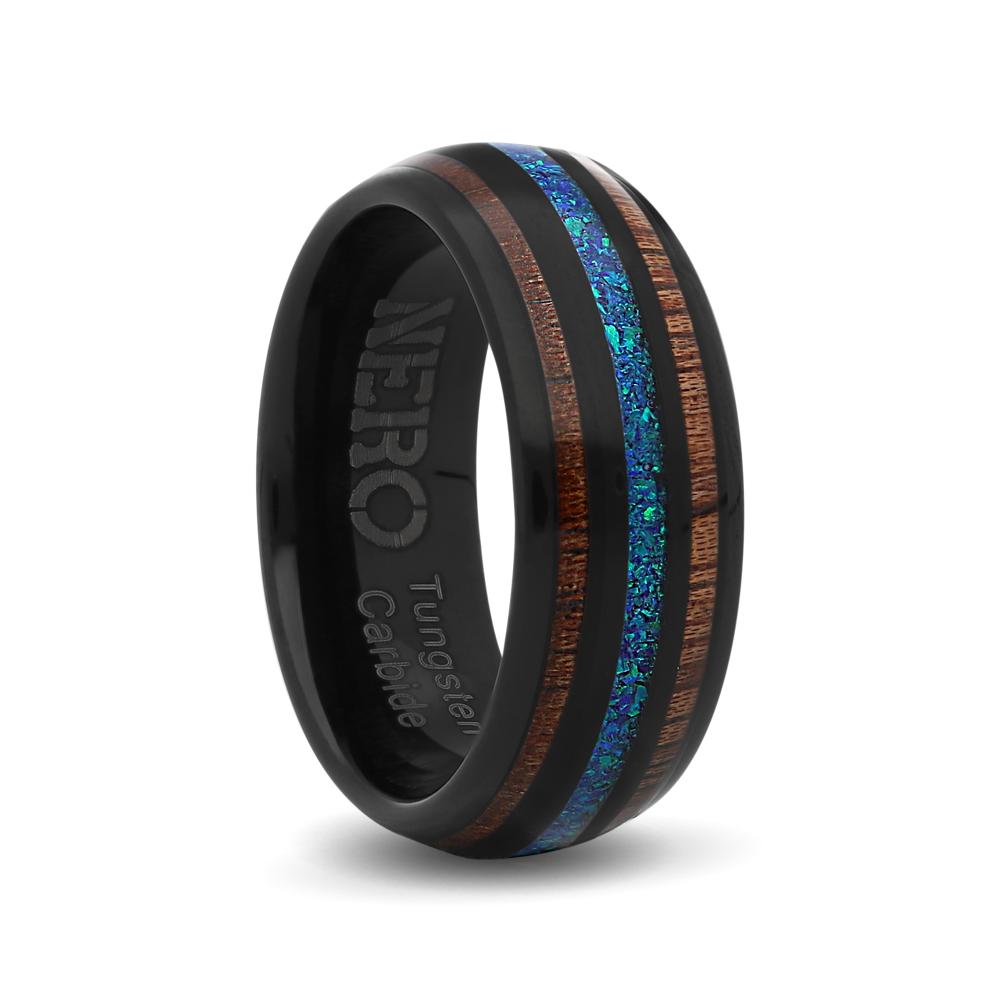 Gents 8mm Polished Black Tungsten Ring with Wood Design and Blue Inlay