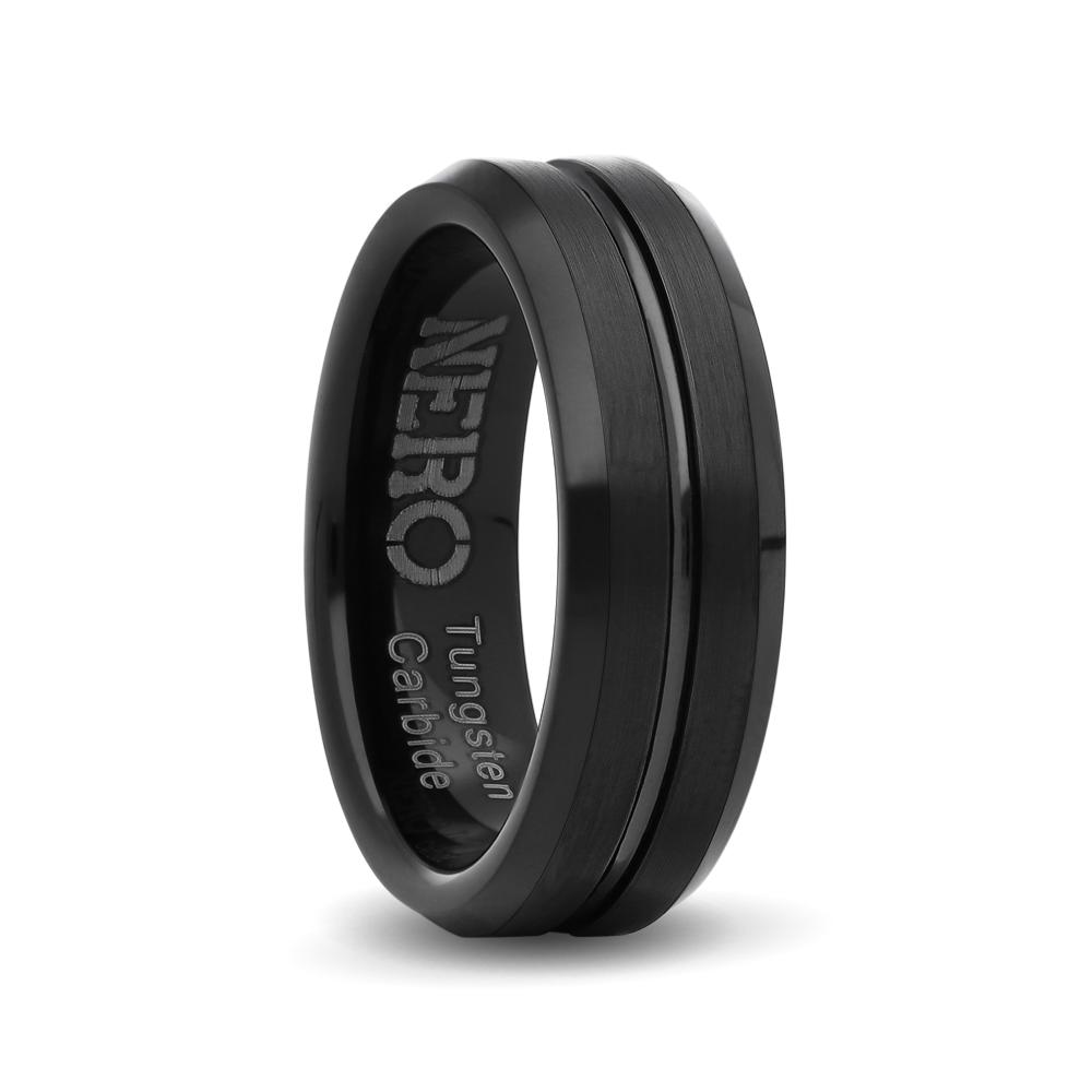 Gents 7mm Matt Black Tungsten Ring With Engraved Line